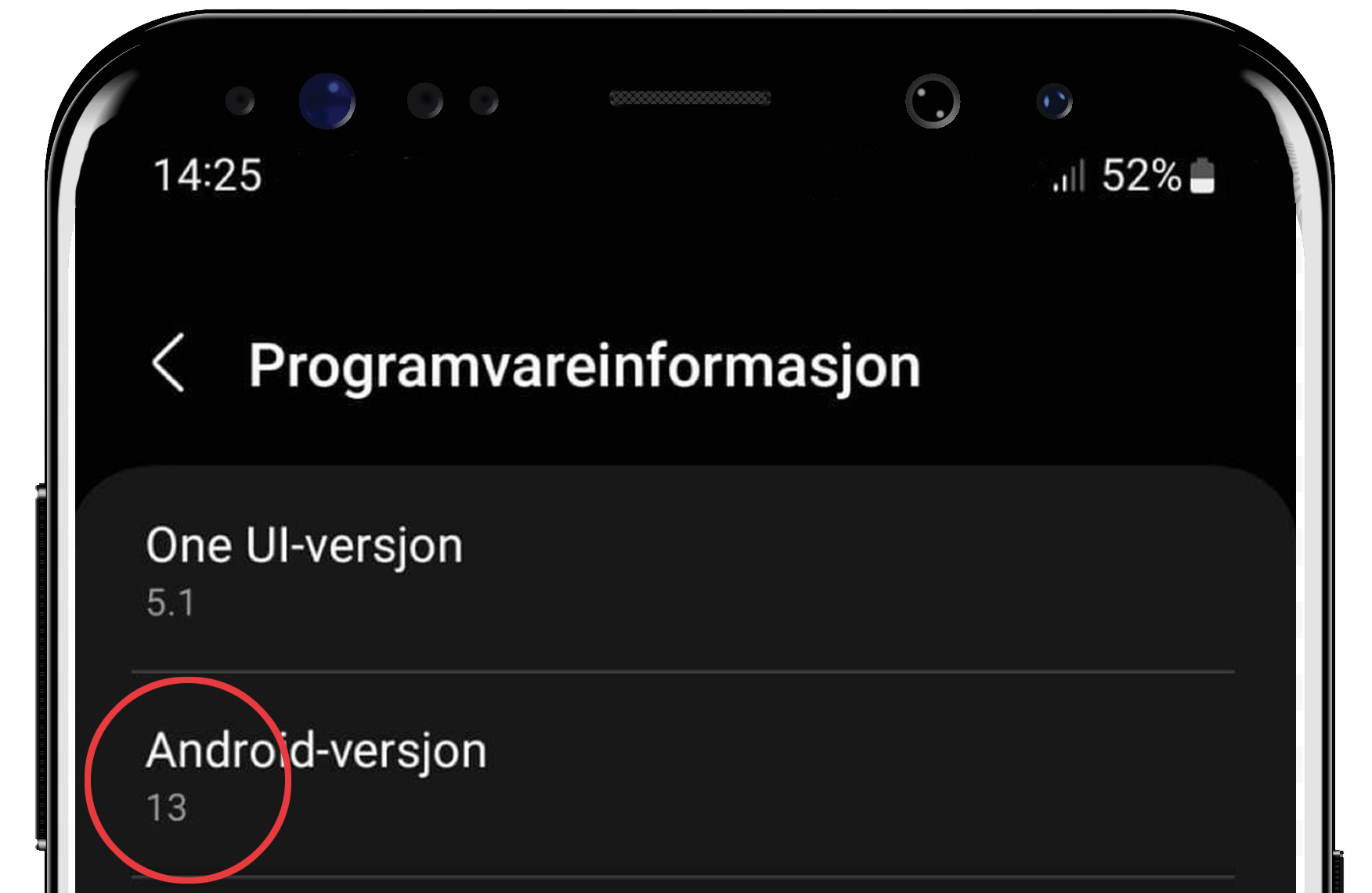 Skjermbilde av Android telefon som viser menyen under programvareinformasjon. Her står det at telefonen har installert versjon 13.