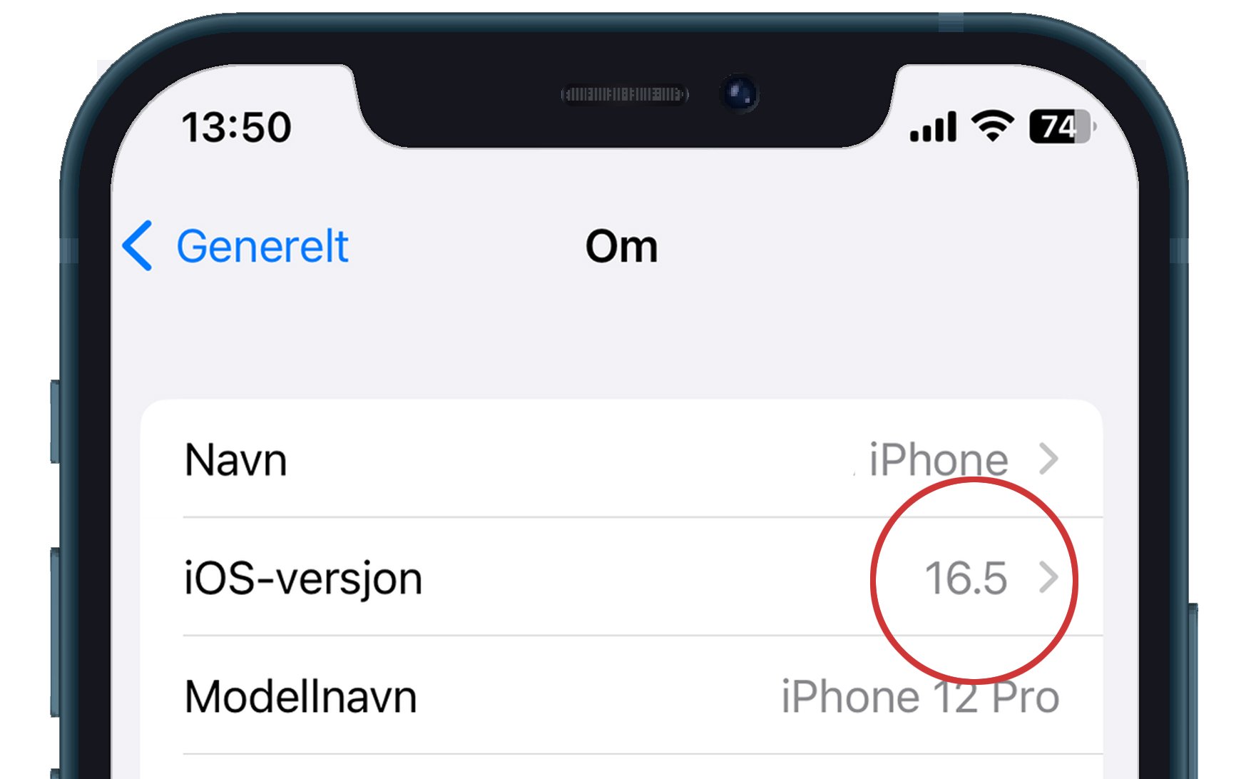 Skjermbilde av iphone som viser at telefonen har installert ios-versjon 16.5