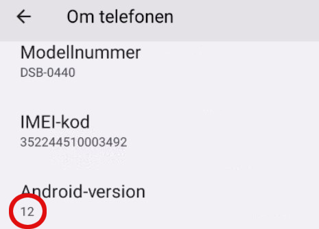 Skjermbilde fra innstillingene p&aring; en Doro-telefon. Det st&aring;r at telefonen har installert Android-versjon 12.